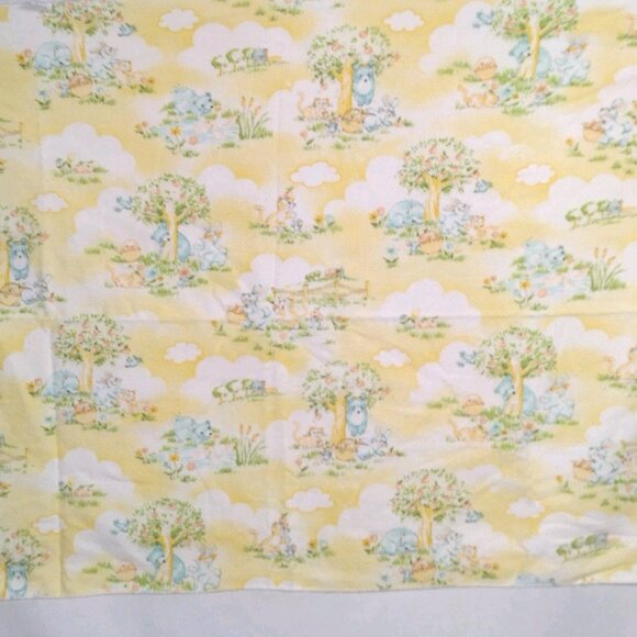 Vintage Dundee Receiving Blanket Yellow White Clouds Blue Teddy Bear Bunny Cat - Picture 1 of 16